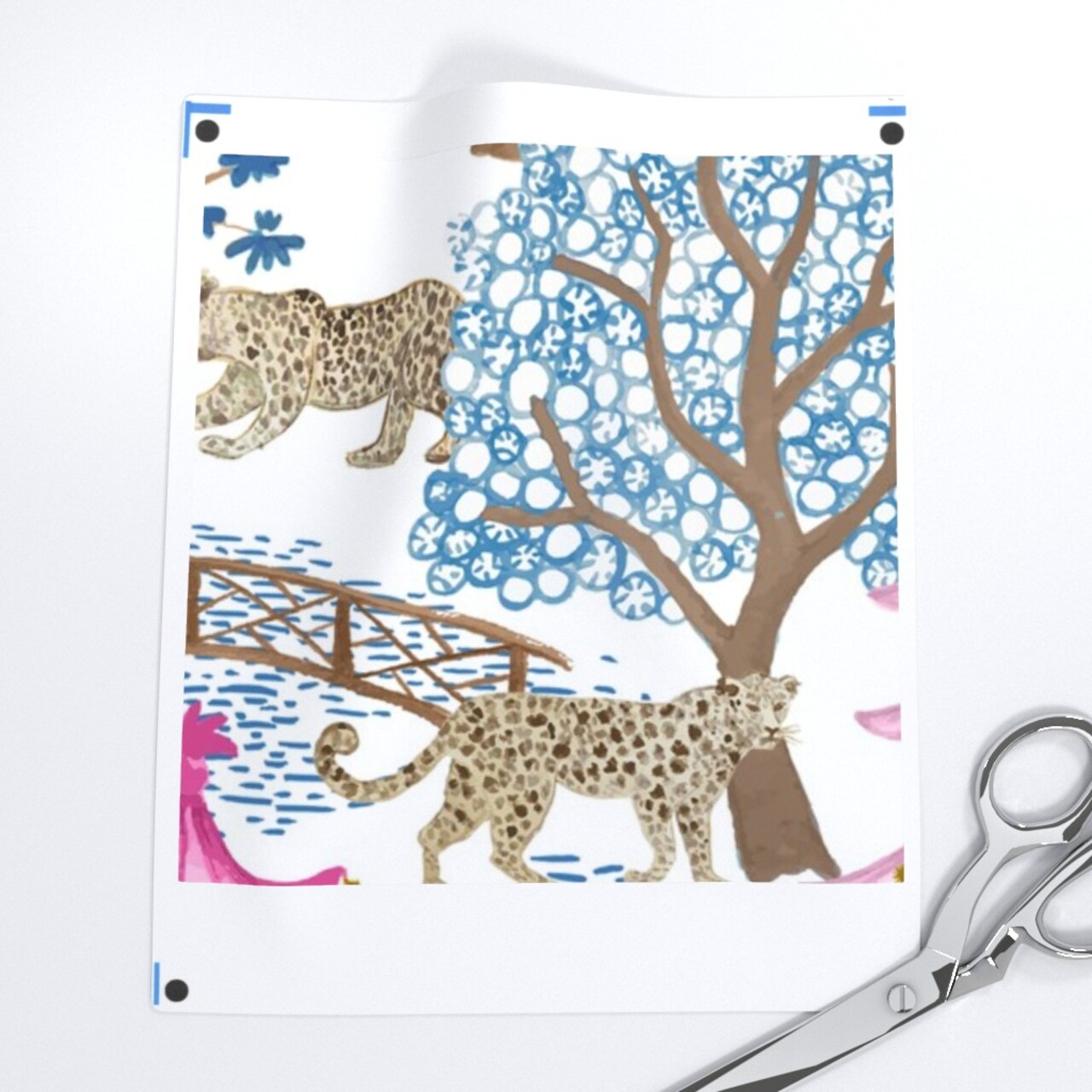 Chinoiserie Pagoda Leopards Pink And Rust Asian Inspired Watercolor Landscape Custom Printed Fabric by Spoonflower Various Fabrics by the Yard or Fat Quarter